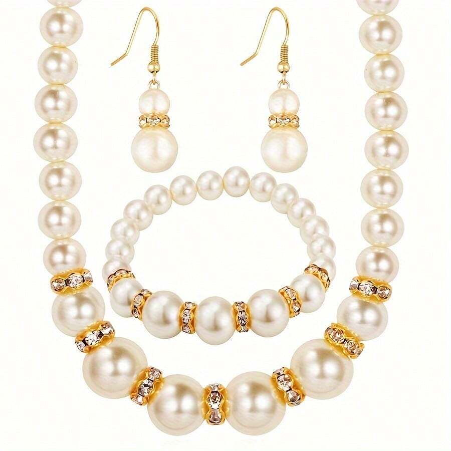1 par de brincos românticos franceses requintados + 1 pulseira elegante + 1 colar deslumbrante, conjunto de joias com pérolas artificiais, acabamento dourado ou prateado, estilo romântico clássico, para casamento, festa, uso diário, joias femininas
