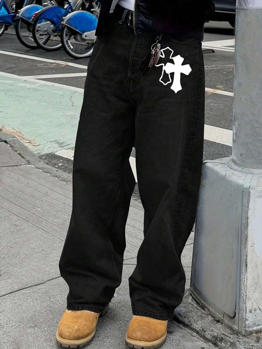 leev Jeans de pierna recta, jeans de mezclilla lavada con bolsillos en diagonal de algodón, jeans de mezclilla lavada de pierna ancha versátil, jeans rectos sueltos a juego para parejas de mezclilla cruzada, para primavera/verano/otoño