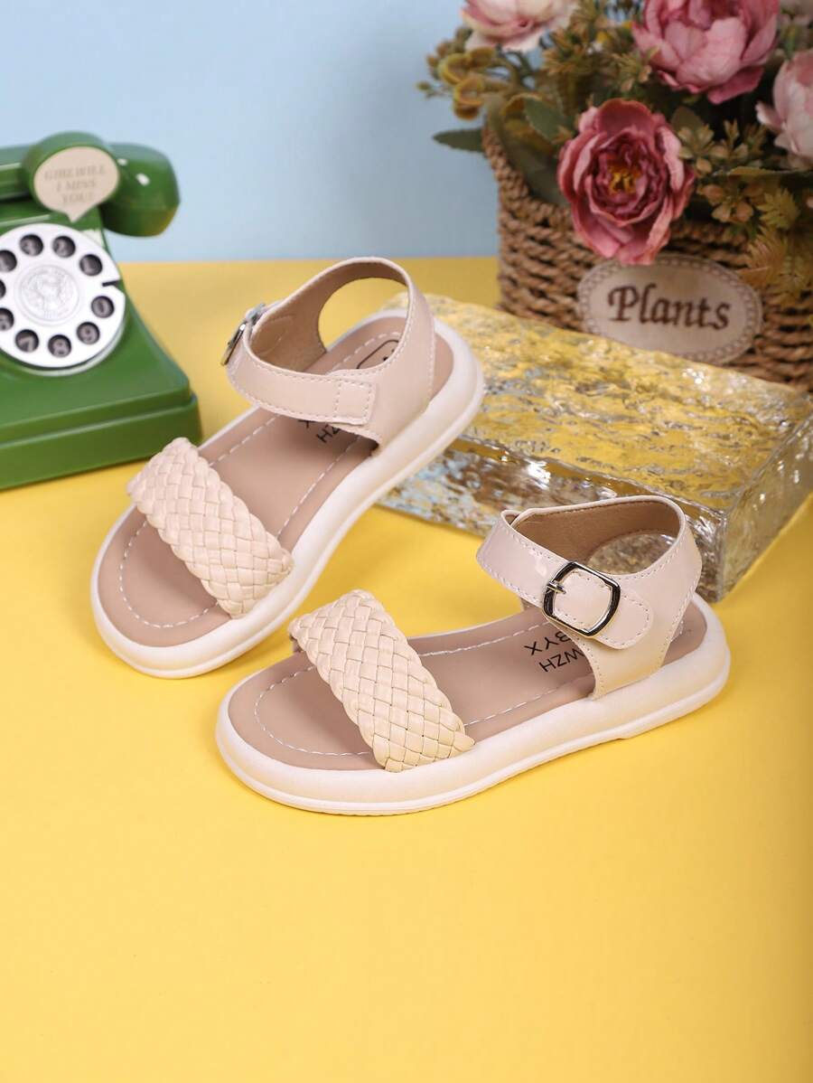 1 par de sandalias casuales para niñas con diseño tejido y suela gruesa y suave, adecuadas para niñas de 3 a 15 años, para uso en exteriores, escuela, hogar, playa, vacaciones