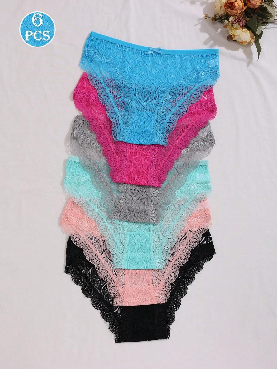 6pcs Solid Color Romantic-Style French Knit Fabric Bow Decor Breathable Lace Women's Panties