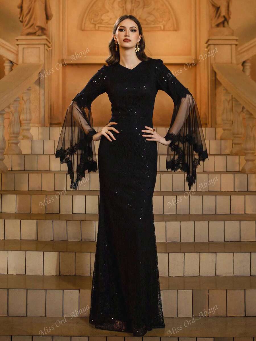 Black Sequin V-Neck Mesh Sleeves Prom Dress