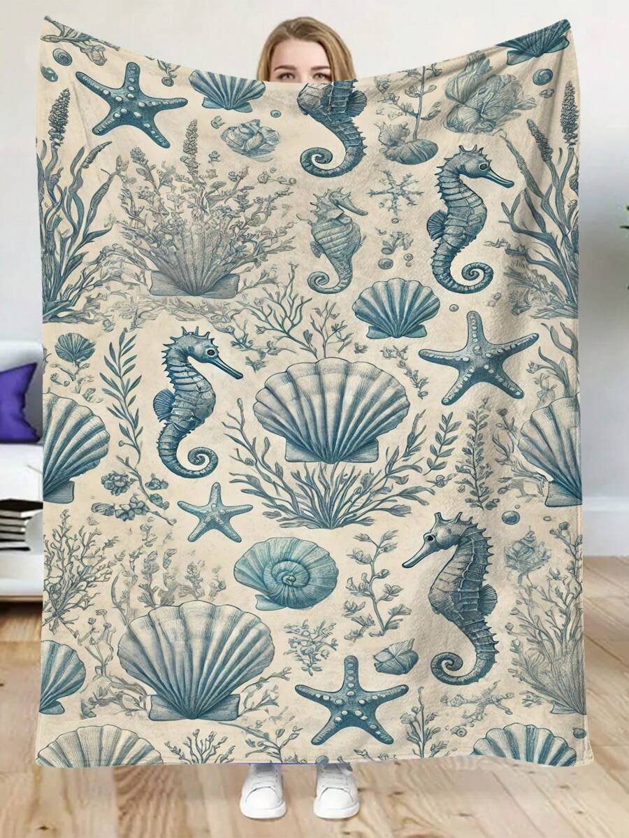 1pc Cozy & Warm Seashell & Starfish Flannel Blanket, Sports Style, Keeps Warm, Stain Resistant, Perfect Gift For Holiday, Birthday And Special Occasions
