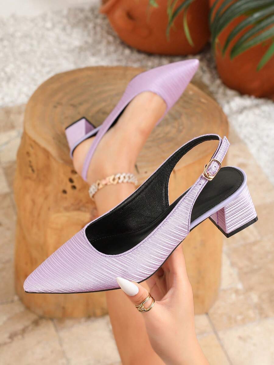 Tacones altos púrpura con punta afilada, sandalias de mujer con tira de satén minimalista, punta cerrada y tacón grueso, nueva colección primavera/verano 2025