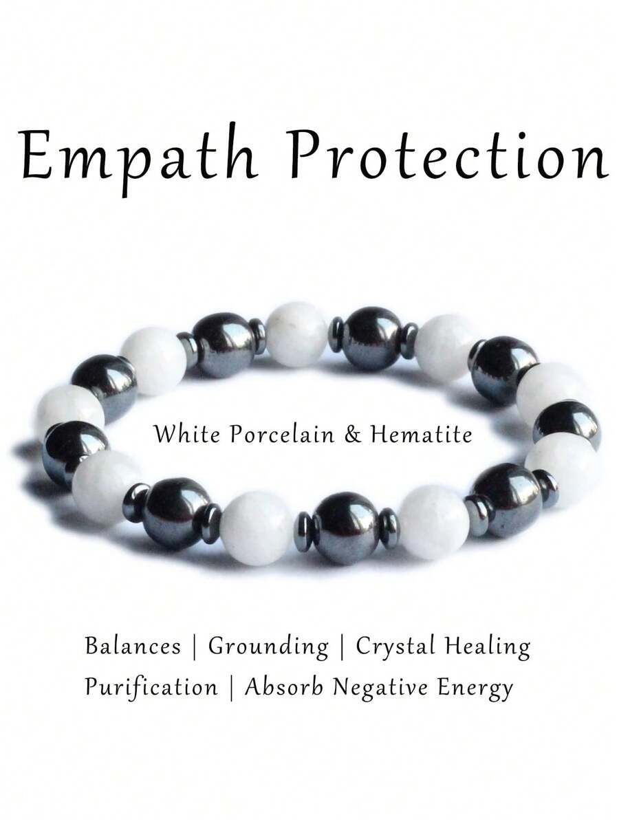 YAUKIA Bracelet de protection contre l'empathie en porcelaine blanche et tourmaline noire de 8 mm, bracelet de protection énergétique en hématite, bracelets de guérison, d'équilibrage, de méditation, de nouveaux départs et de bonne chance pour les hommes et les femmes
