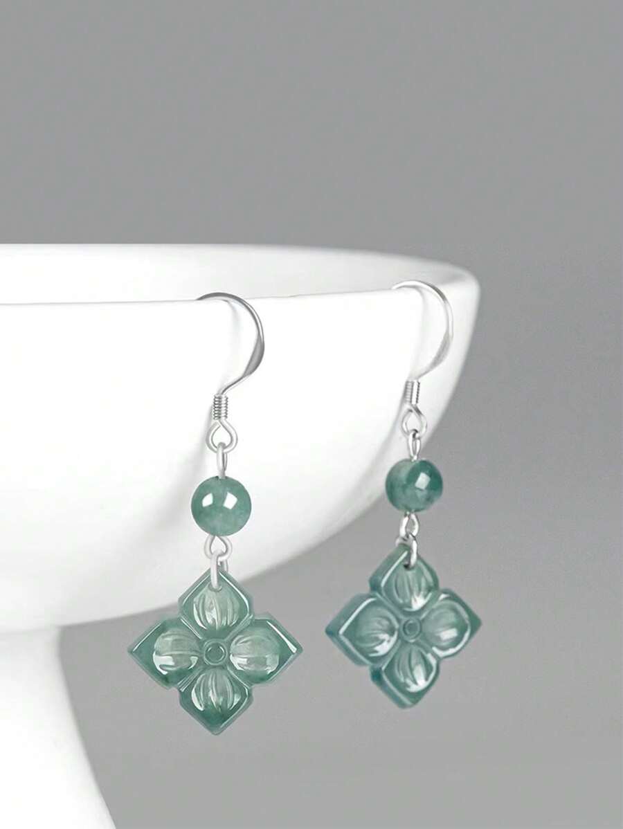 S925 Silver Natural A-Level Jade Earrings, Elegant Women's Pendant Earrings In Clover Shape Style, Suitable For Daily, Festival, Vacation, Party, Date Wear, Mother's Day Gift, Suitable For Gift Giving.Authentic S925 Sterling Silver Earrings With Inlaid Translucent Green Jade Balls & Secure Lobster Clasps For Women's Wedding/Birthday Gift - Includes FREE Luxury Gift Box (Certified Hypoallergenic)