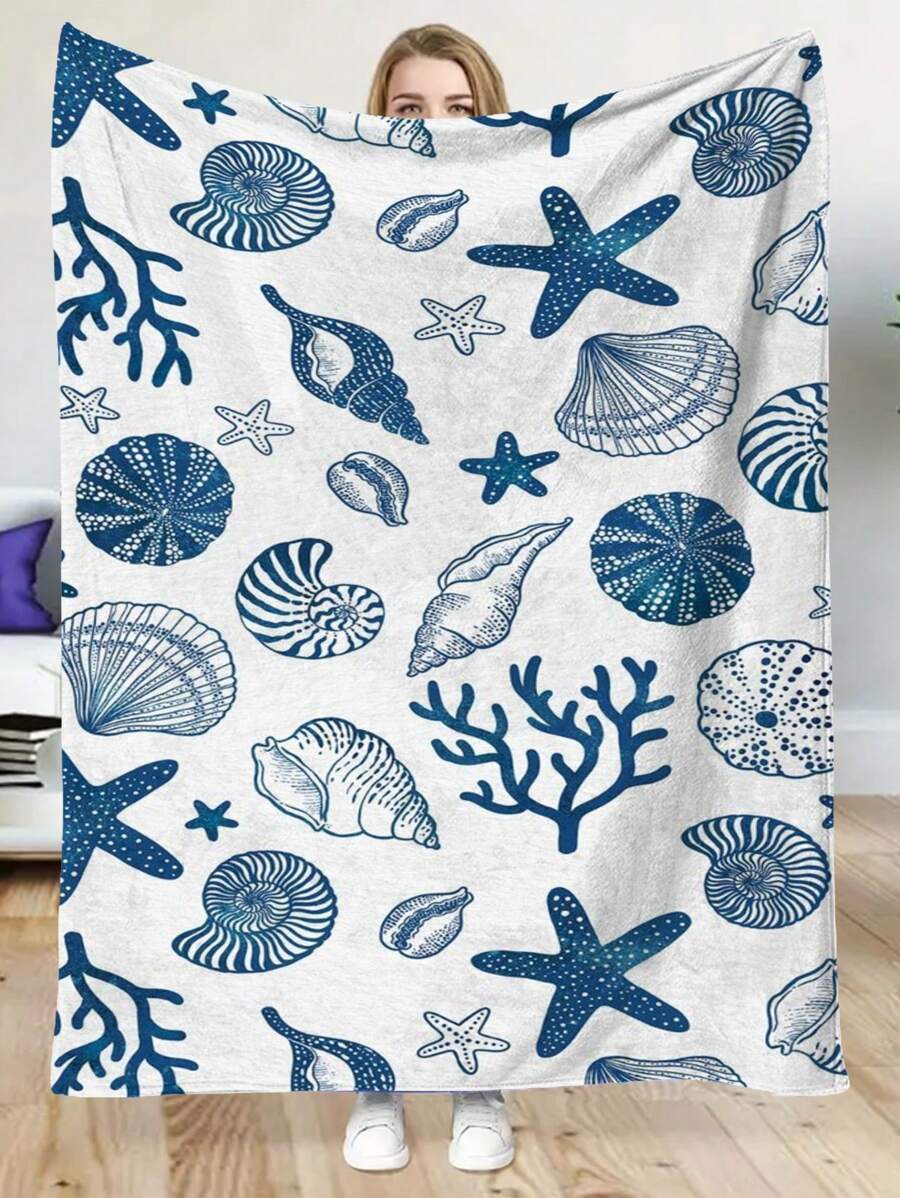 1 Stück warme und weiche Flanelldecke mit Muscheln und Seesternen, Sportsstil, isolierend, schmutzabweisend, perfektes Geschenk für Feste, Geburtstage und besondere Anlässe