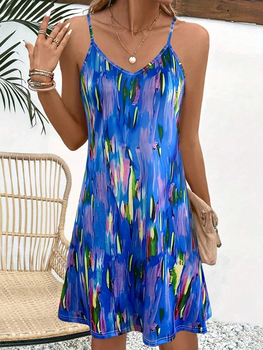 Abito a V da donna estivo - Abito da spiaggia senza maniche con stampa all-over per vacanze, Abito da spiaggia SlayDiva per donna, Abito mini fluido bohémien, Outfit da vacanza di moda per donne