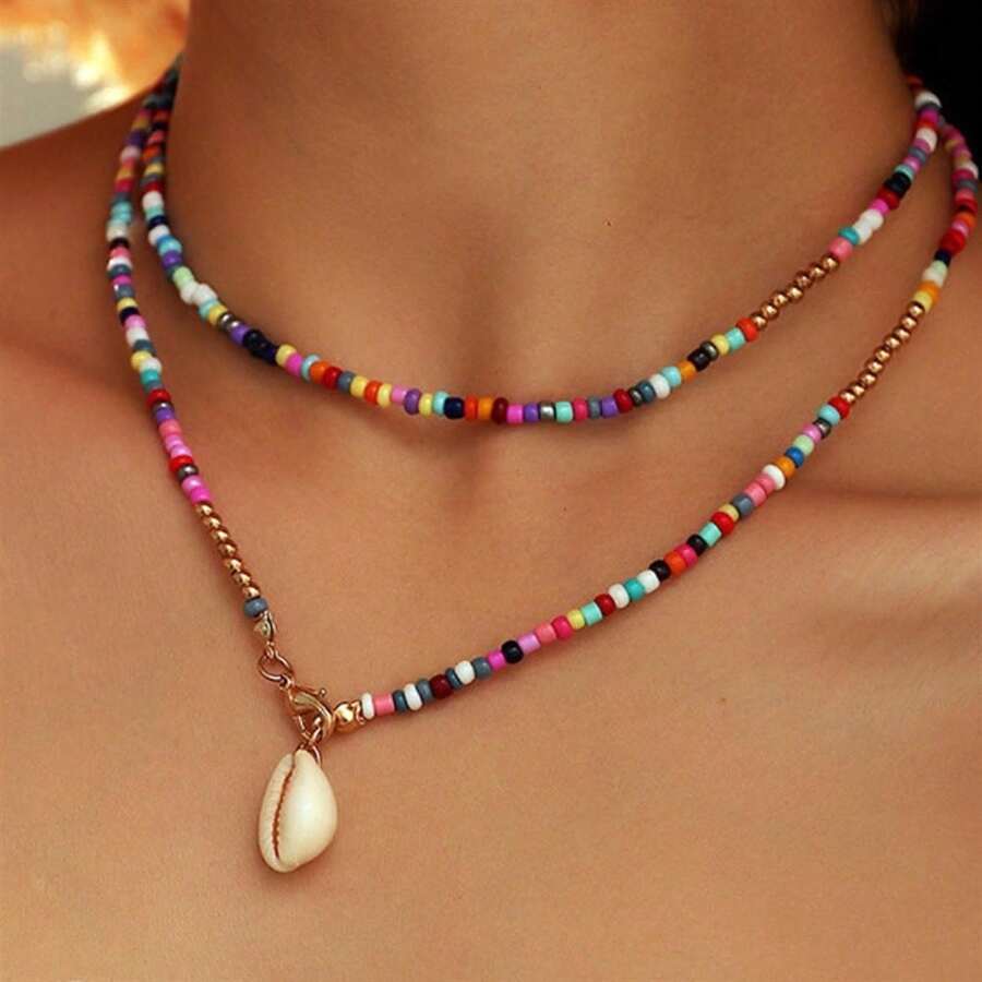 PHCOO 1pc Bohemian Double Layer Colorful Bead & Shell Necklace For Women, Simple Fashion Beach Style Versatile Accessory