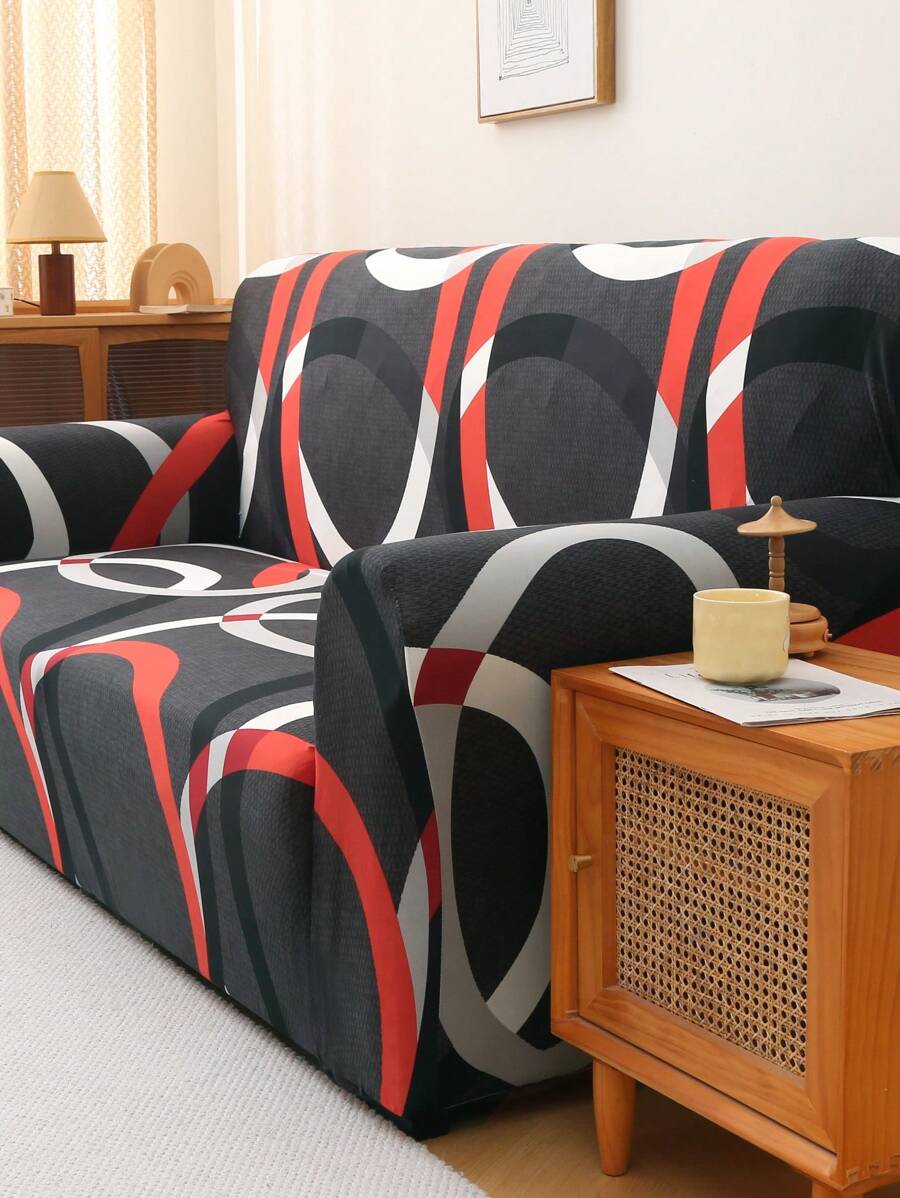 1pc Abstract Geometric Red White Gray Circular Gray Sofa Cover With Elastic All Inclusive All Season Universal Sofa Cover, Living Room Sofa Protection Cover, Home Decoration