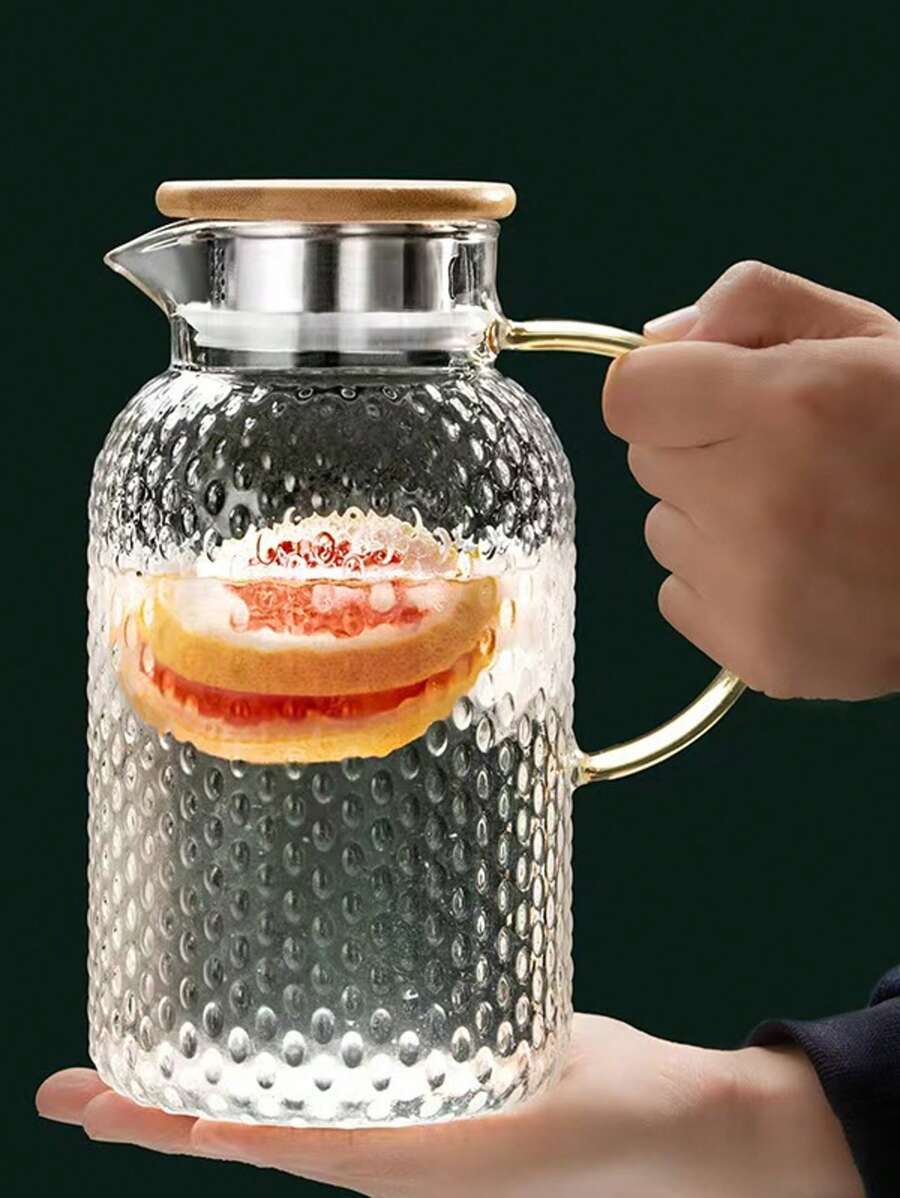1pc Wholesale Glass Water Pitcher With Rice Pattern, Large Capacity Cold Water Jug, Heat-Resistant Tea Cup Set For Home Use