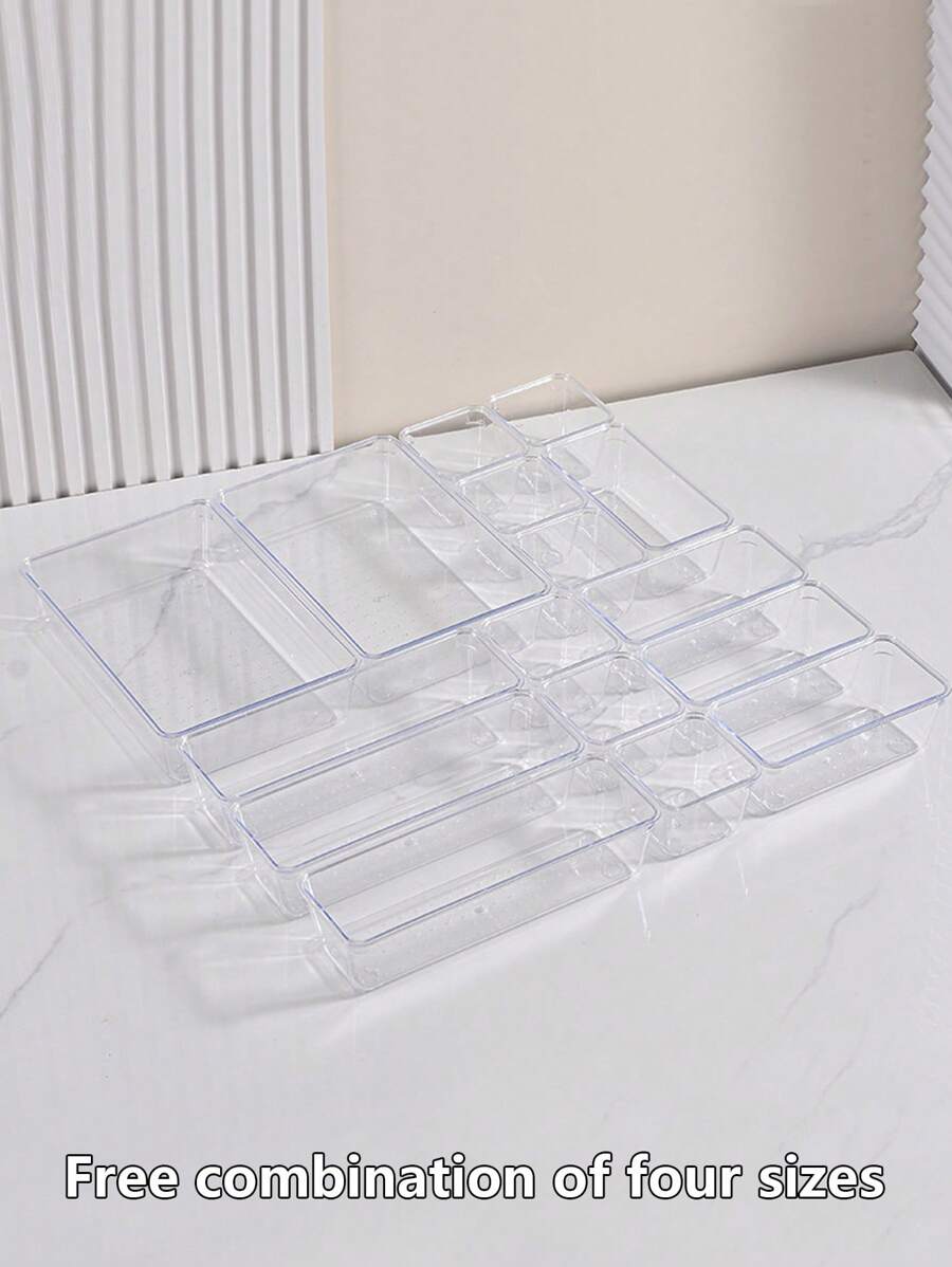 1pc/5 Packs Adjustable Drawer Organizers - Clear Plastic Storage Bins With Customizable Compartments For Makeup, Jewelry, Utensils | Multi-Purpose Vanity & Bathroom Organizer, Kitchen Drawer Dividers, Office Supplies Storage Solutions (Space-Saving )