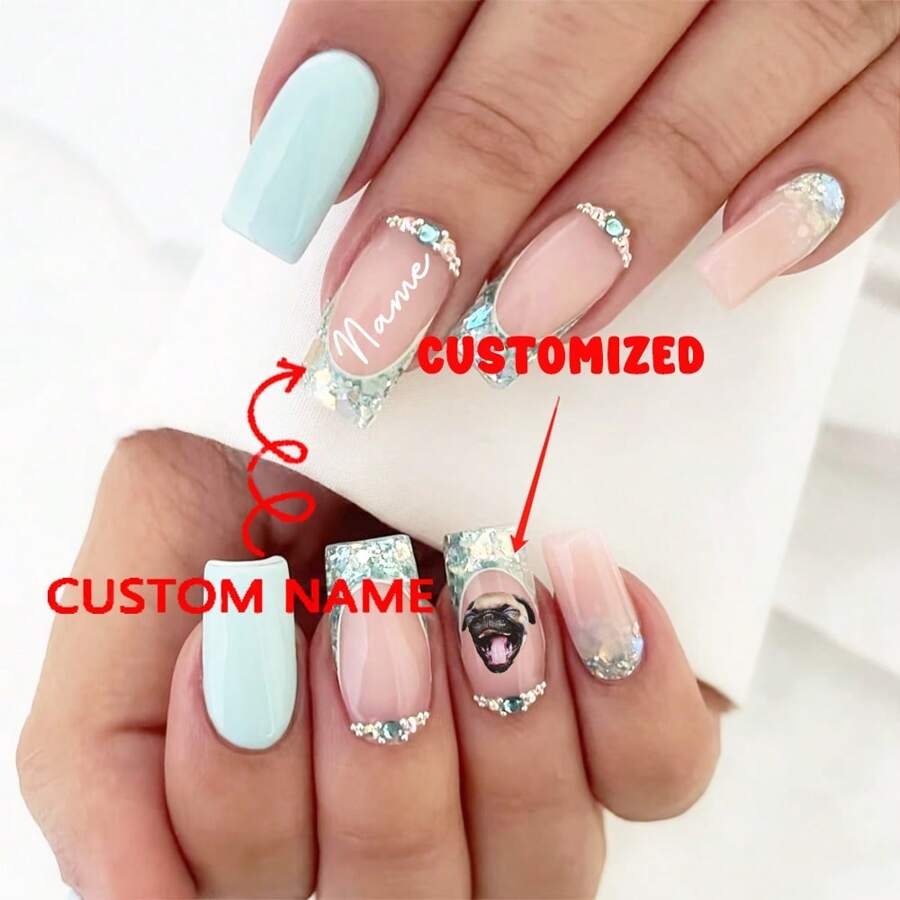Juego de 24 uñas postizas personalizadas, de longitud media, de color azul con diamante de imitacións, de estilo elegante y fresco, adecuadas para uso diario para mujeres, con patrón de mármol y brillo de diamante de imitacións, superficie brillante