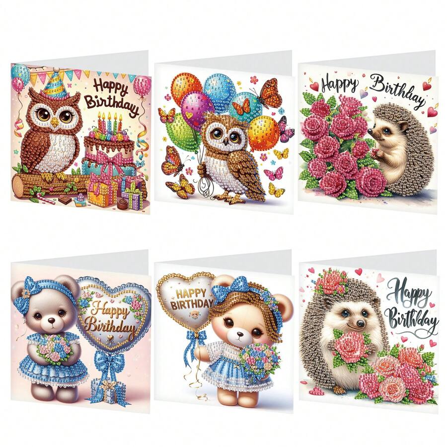 6 Packs 5D DIY Diamond Painting Greeting Cards, Owl, Hedgehog & Bear Designs, Handmade Diamond Art Greeting Card Kits Craft Kit With Asymmetrical Shaped Diamonds, Creative Gift For Christmas, Thanksgiving & Special Occasions