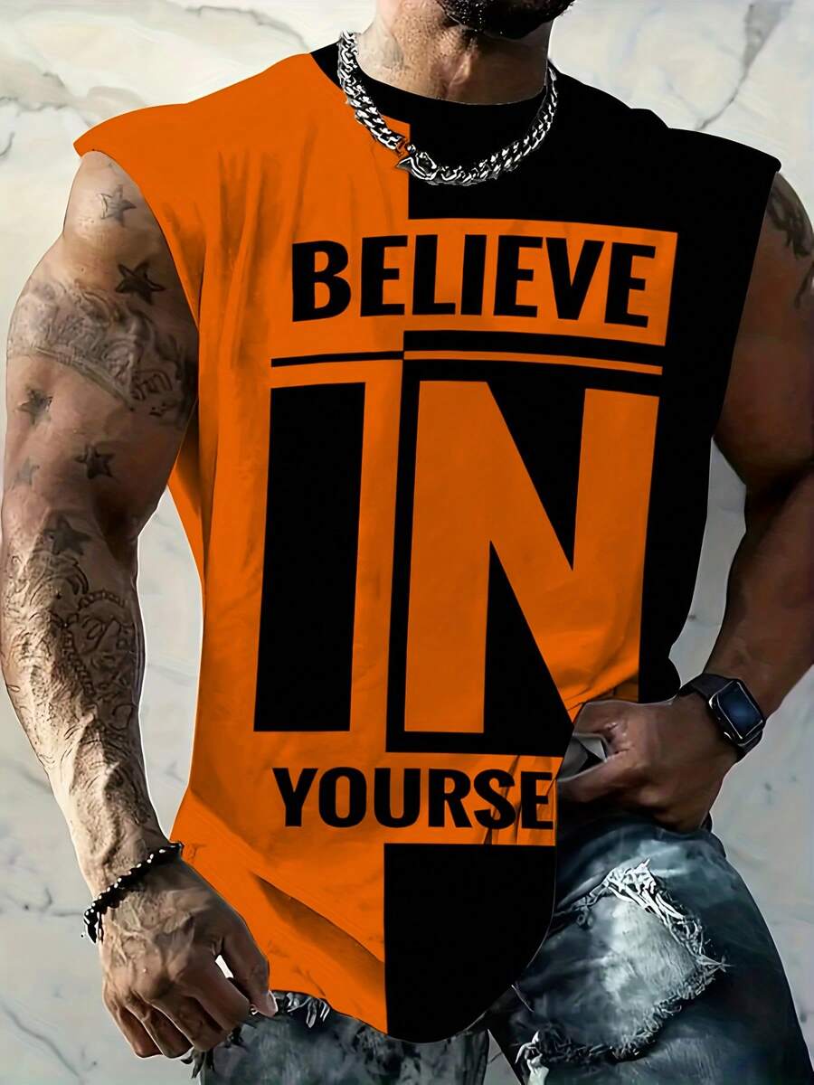 Camiseta casual de deporte sin mangas con estampado de letras para hombre de talla grande, adecuada para uso al aire libre y streetwear