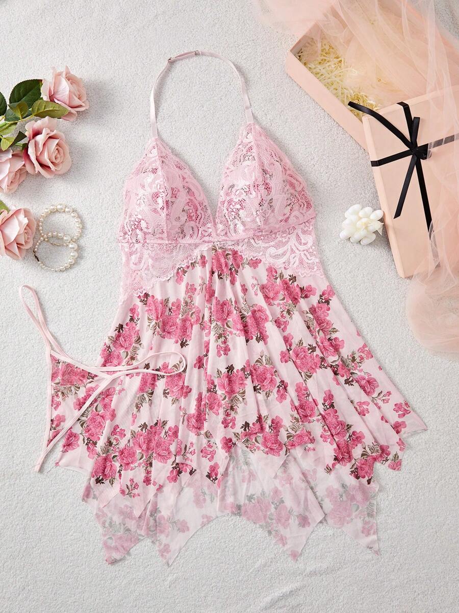 Vestido de encaje y estampado floral con tiras de malla para mujer de talla grande y sexy