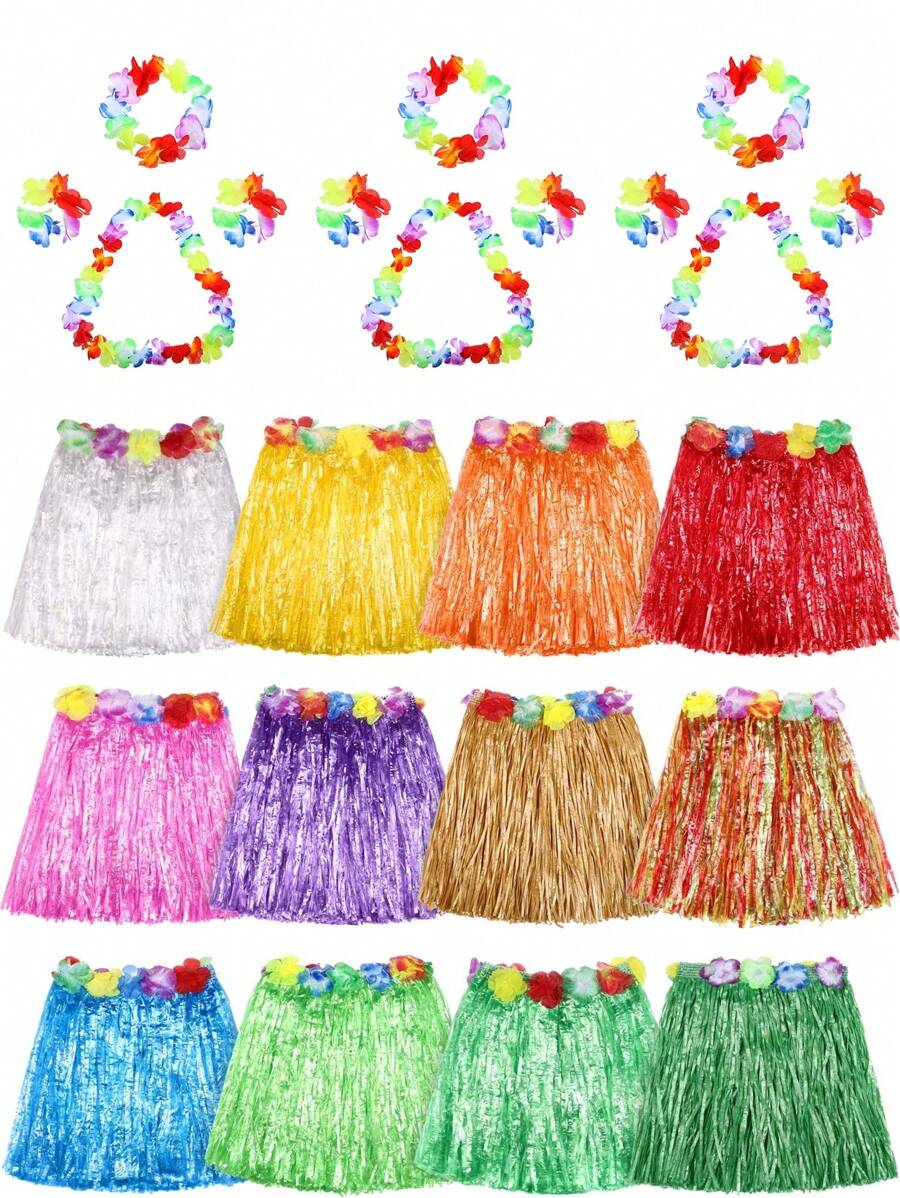 1set-40cm Hawaiian Costume For Women's Luau Party Outfits Luau Grass Skirt Headbands Set Tropical Beach Hula Skirt, Hawaiian Grass Skirt With Garland, Summer & Beach Party Costume For Women's Luau Dance Party Decoration,Hawaiian Party Gift Ideas Gift Party Decoration Hula Dress Performance Garland Hula Dress, Individual Garland Decoration Hawaiian Party Decoration Flower Necklace, Headband And Wristband