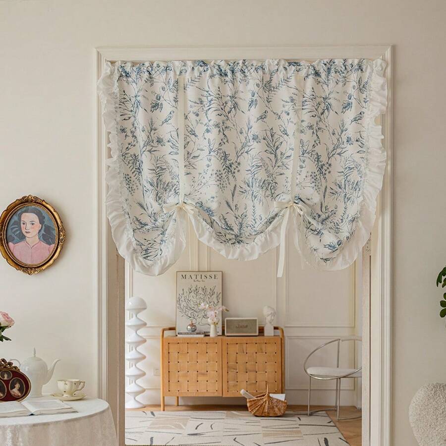 1pc Linen-Looking Blue Floral Print Curtain With White Ruffle Trim, Adjustable And Expandable Design, Adds Stylish Home Decor