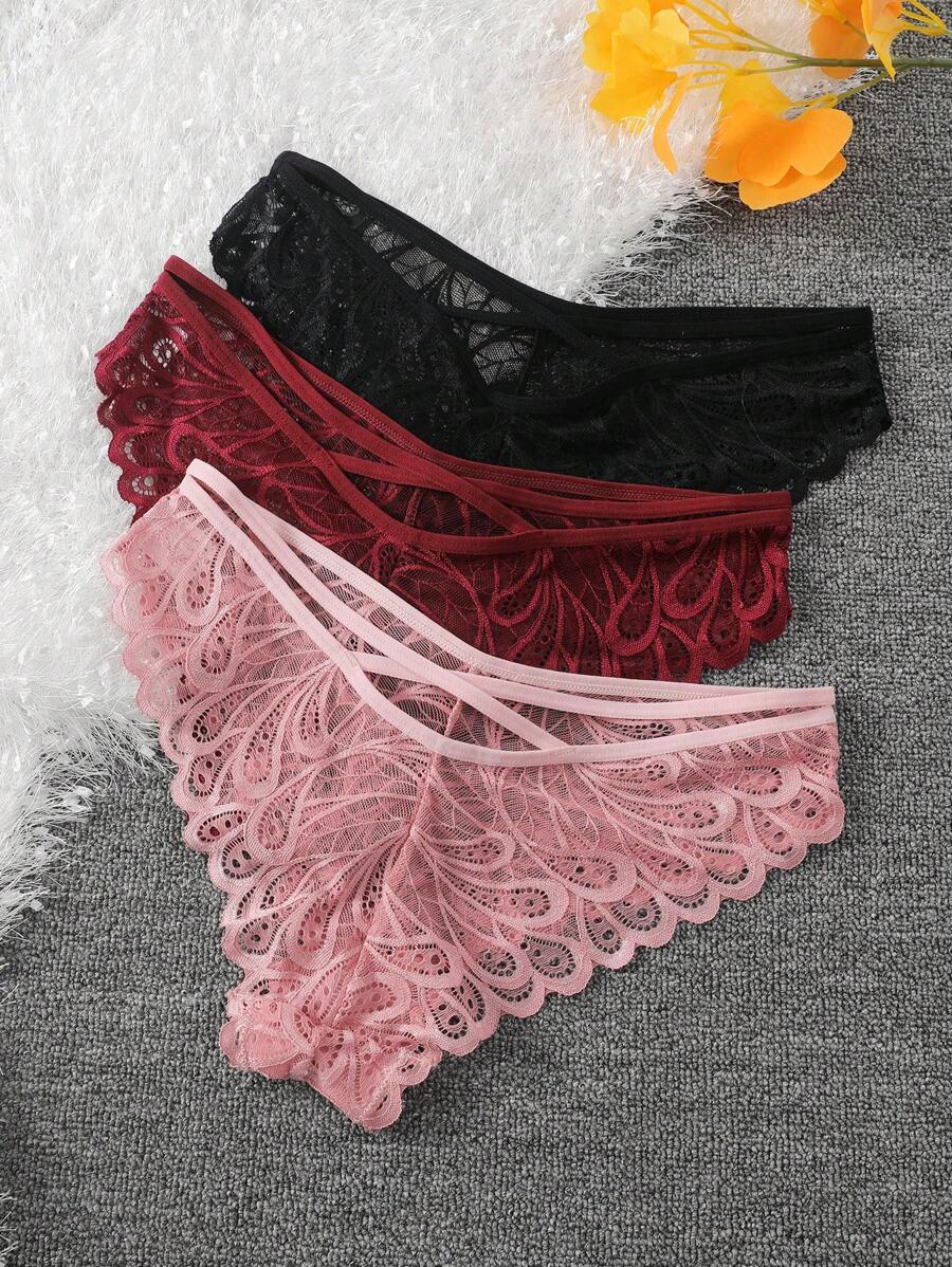 Set de 3 piezas de bragas elegantes y sexys de encaje transparente para dama