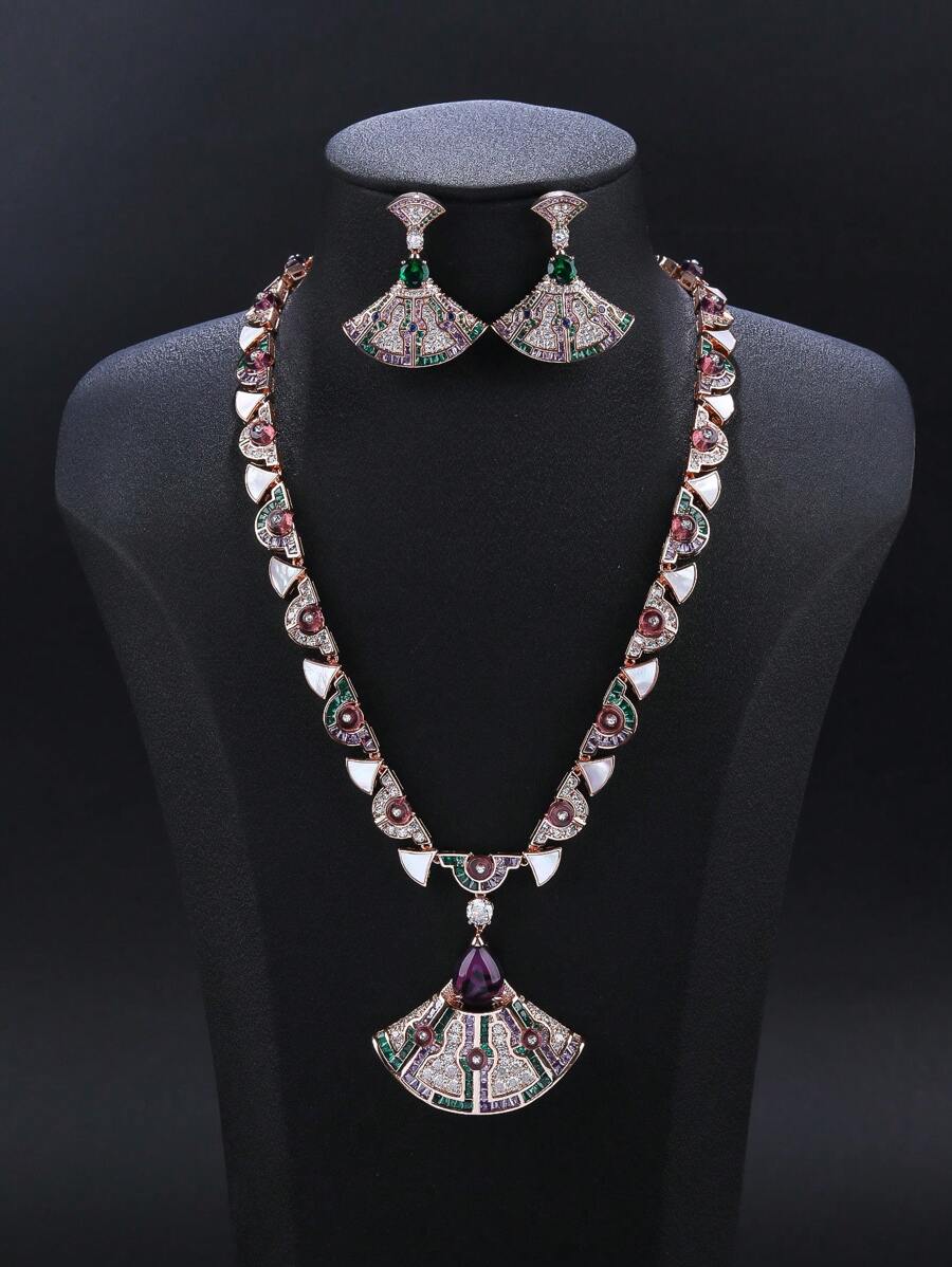 1 Juego de 3 piezas Joyería de Zirconia Cúbica Lujosa, Conjunto de Collar y Pendientes, Estilo Personal de Moda, Collar a Juego con Accesorios de Vestir, Regalo para Vacaciones, Cumpleaños, Día de San Valentín