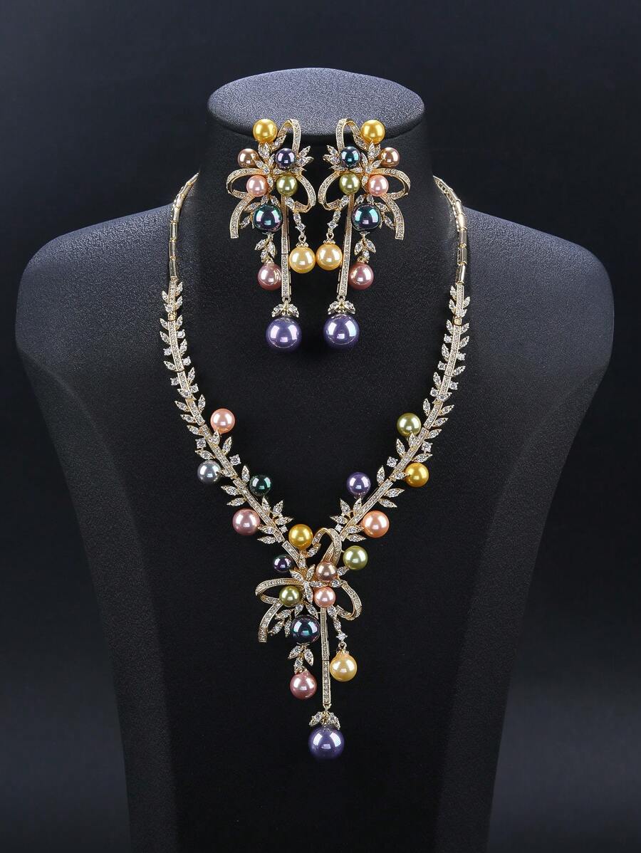 1 Set Of 3pcs Luxury Cubic Zirconia Necklace & Earrings Jewelry Set, Matching Wedding Dress, Party Gown, Faux Pearl Jewelry Gift For Holiday, Birthday
