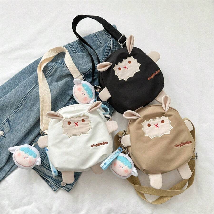 1pc Cartoon Sheep Pattern Lightweight Canvas Crossbody Bag, Vertical Square Shape Summer Shoulder Bag, Suitable For Students, Office Workers, Women, Gift