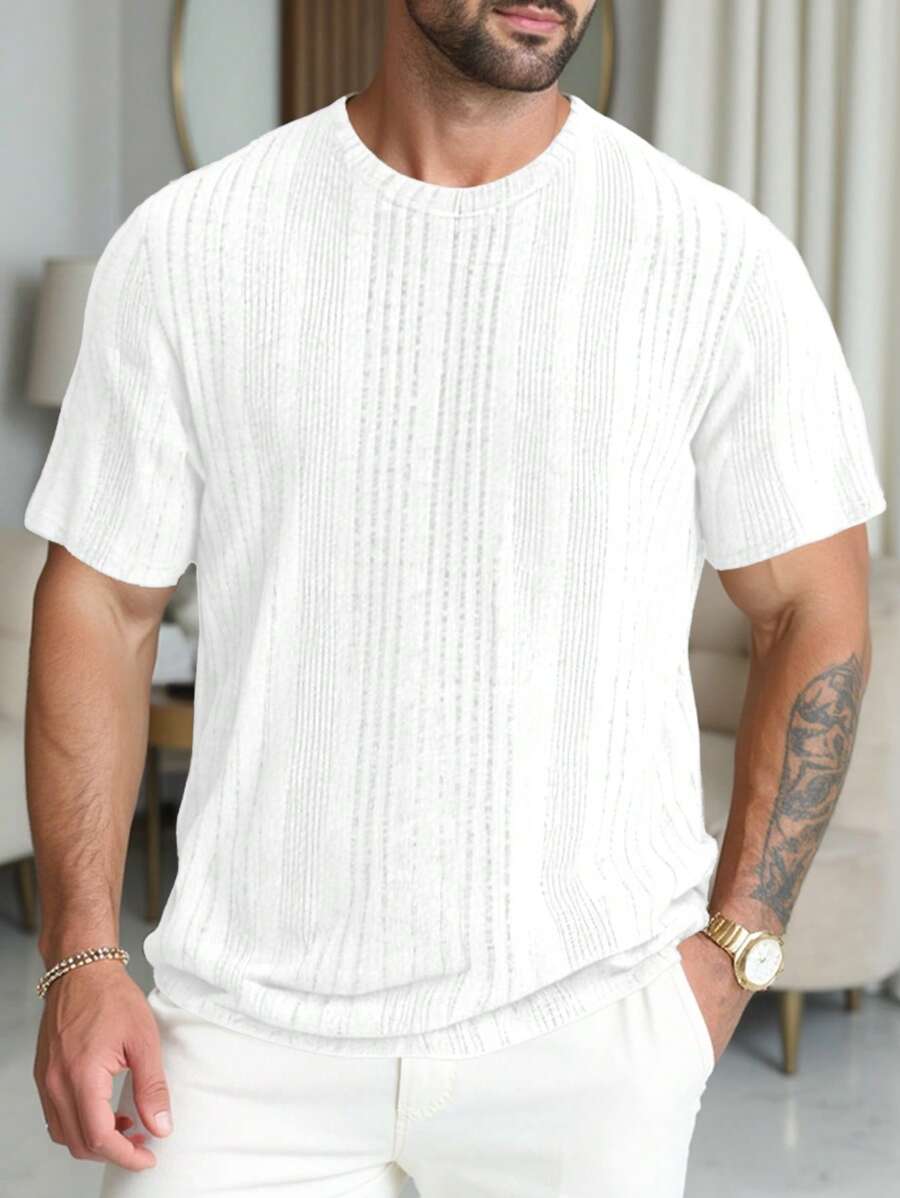 Mature Casual Elegant Ribbed Texture Fashionable Fitted Soft Touch Short Sleeve T-Shirt