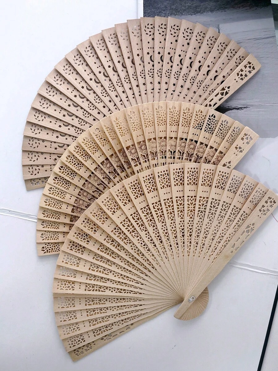 1pc Sandalwood Hollow Wooden Fan Wooden Fan Color Sandalwood Wooden Fan Hollow Folding Fan Printed Wooden Handicraft Fan Imitation Sandalwood Fan, Ideal Choice For Gifts