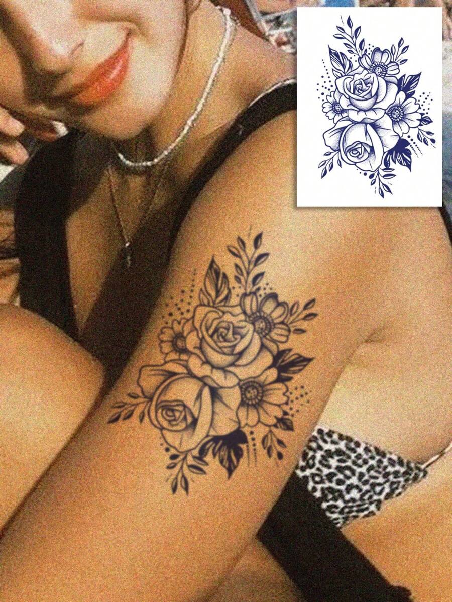 Adesivos de tatuagem temporária de ervas, design de flor de rosa à prova d'água e de suor, tatuagem corporal semipermanente de 2 semanas, tatuagem falsa descartável de flor de rosa moderna e sexy, adequada para homens e mulheres, pode cobrir cicatrizes, pode ser usada na perna, costas, peito, cintura, tornozelo, braço e clavícula, dura de 7 a 14 dias