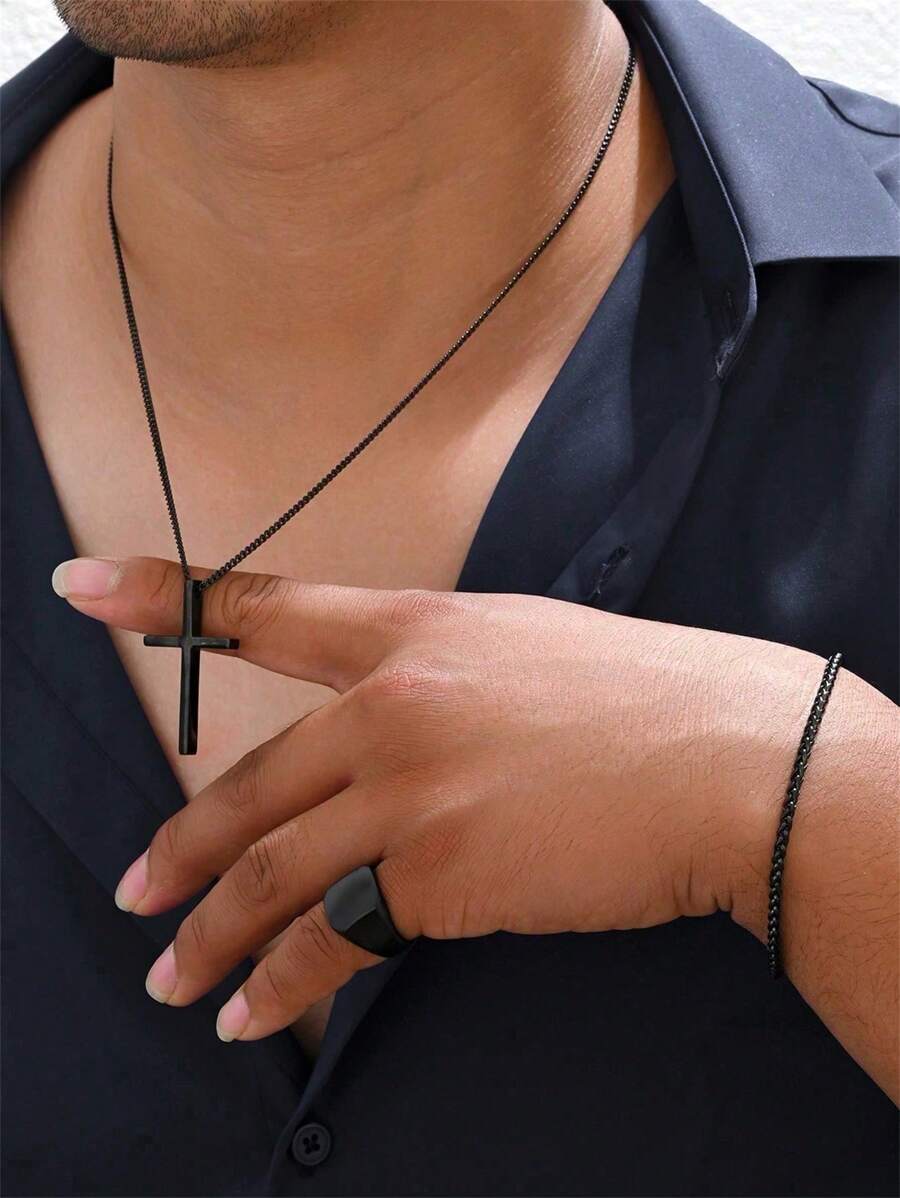 Set de joyería de 3 piezas con colgante, pulsera y anillo de cruz de acero inoxidable simple, estilo casual de calle, regalo ideal para novio, esposo en cumpleaños, aniversario