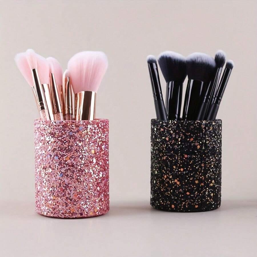 Support de pinceaux de maquillage pailleté - Sac de rangement pour maquillage de dames pailleté rose et noir, grand sac de toilette de voyage, étui à crayons élégant, parfait pour les pinceaux et les produits de beauté essentiels, organisateur de maquillage de voyage | Pour un look brillant | Décoration de salle de bain Organisateur de maquillage d'été Retour à l'école