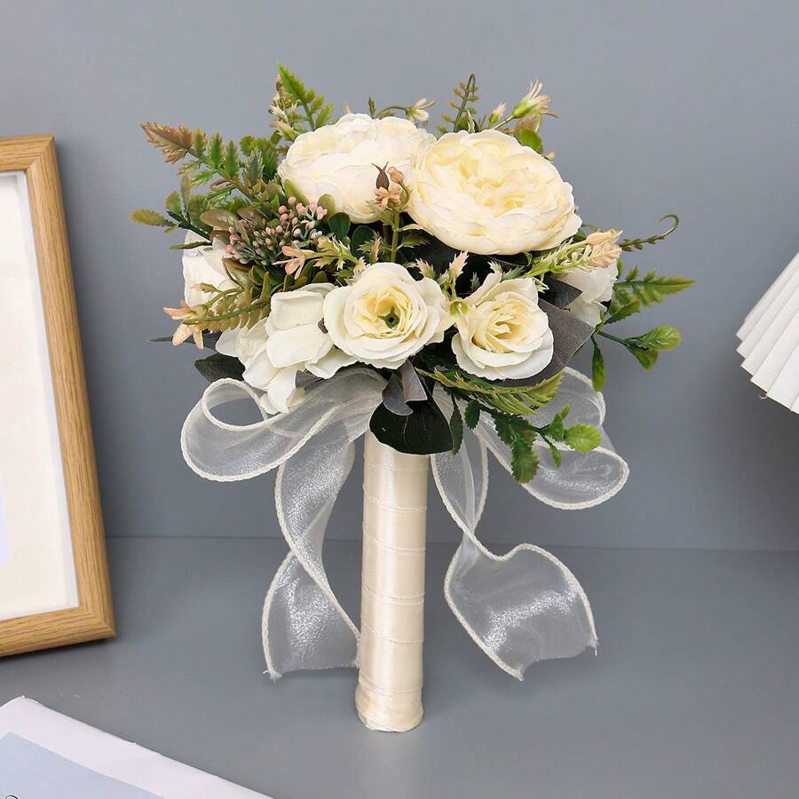 1 Stück künstlicher Rosenstrauß für Braut und Brautjungfern, eleganter natürlicher Stil für Hochzeitsfeier, Fotografie-Dekoration, Sommer-Geburtstags-Geschenke, Schule-Rückkehr-Schul-Utensilien, Zimmer-Dekoration
