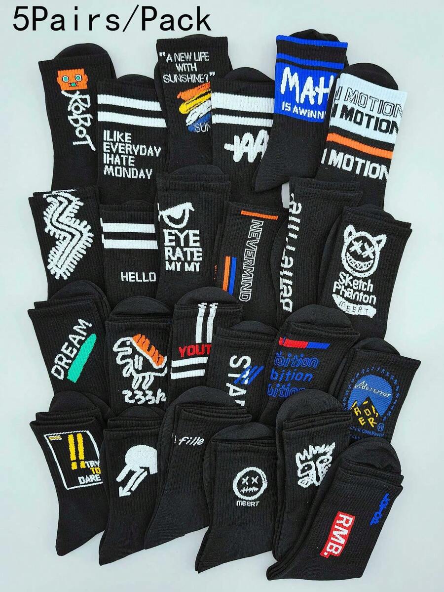 5pairs/set Random Men's Black Letter, Stripe, Dinosaur & Robot Patterned Mid-calf Socks For Skateboarding, Autumn & Winter