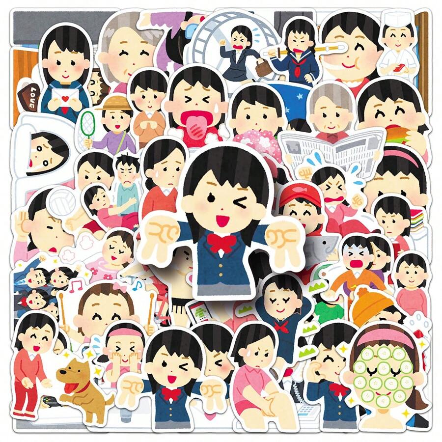50pcs Cartoon Anime Japanese Cute Character Expressions Sticker Pack, Abstract & Whimsical Decorative Stickers For Laptop, Tablet Room Decor Wall Decor Wall Sticker Personalised Stickers