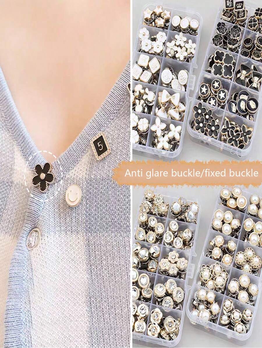 10/50 pièces Broche pour femmes avec boîte de rangement, broche anti-exposition, bouton de couverture en alliage, épingle cachée, empêche l'exposition accidentelle, épingles pour chemisier et blouse, décoration pour robe et vêtements (style aléatoire)