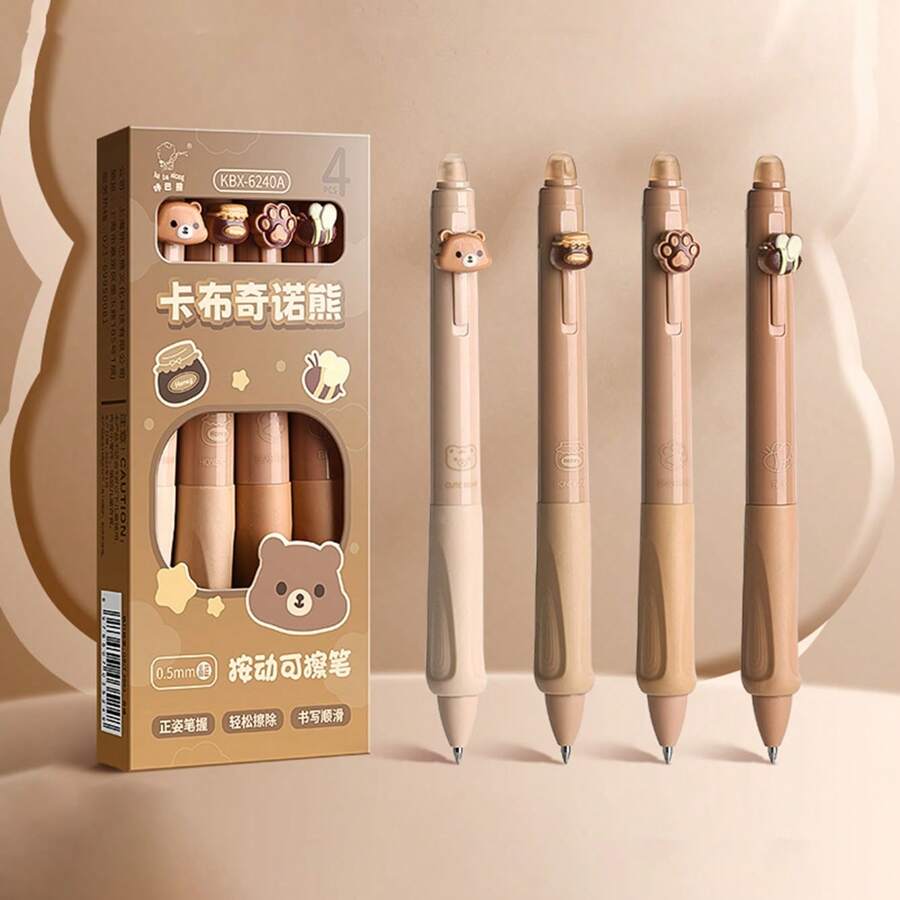 Set di 4 penne cancellabili con motivi di orso, ape, zampa e barattolo di miele - con sfera alla fine per cancellare l'inchiostro - penna retrattile ed ergonomica a forma di animale - punta da 0,5 mm in grigio e nero, adatta per il ritorno a scuola