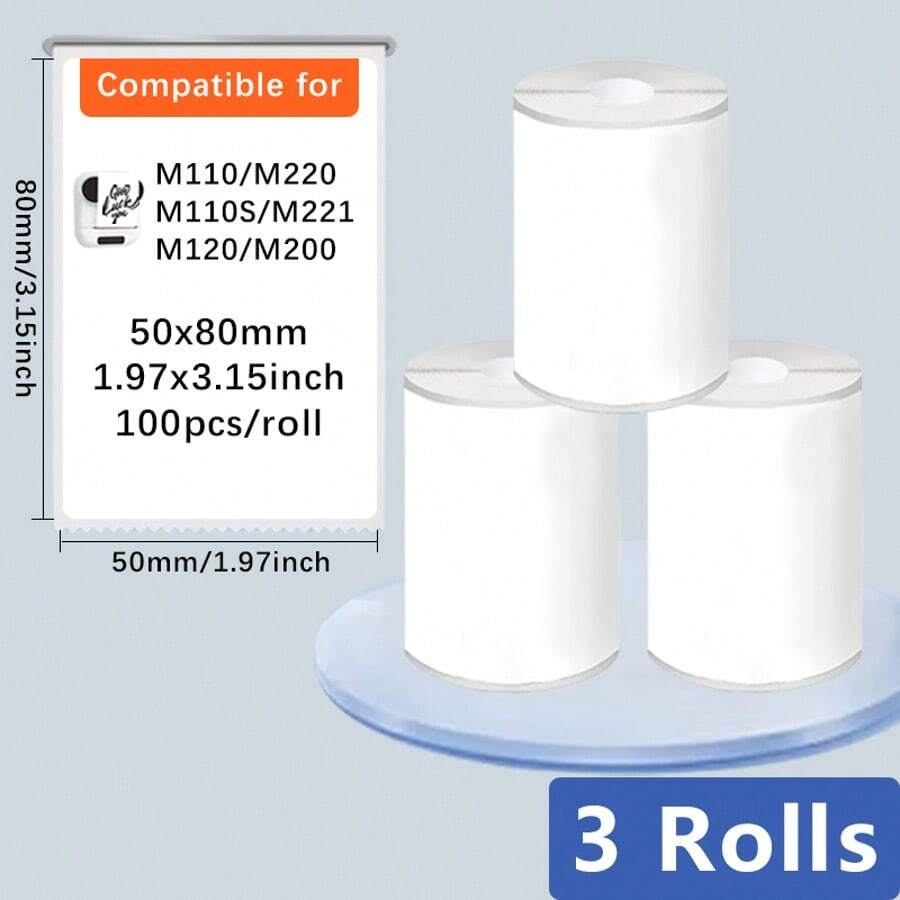 3 Rolls Of White Stickers, Size 50x80 Mm (1.97*3.15 Inches), 100 Sheets Per Roll, Compatible With M110/M221/M220/M120/M200/M110S, Suitable For Clothing Labels