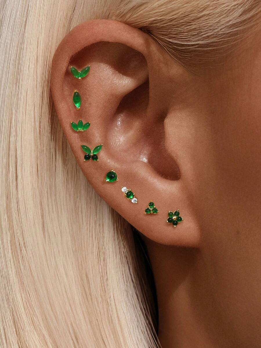 1PC 925 Sterling Silver Green Gemstone Marquise Flat Back Cartilage Helix Piercing Fine Jewelry For Daily Wear Wedding Party Engagement Anniversary Valentine's Day
