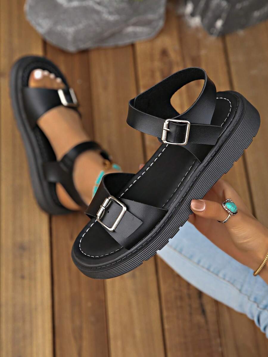 Sandalias de plataforma de unicolor estilo euro-americano talla grande, nuevas sandalias romanas de verano con correa y puntera abierta