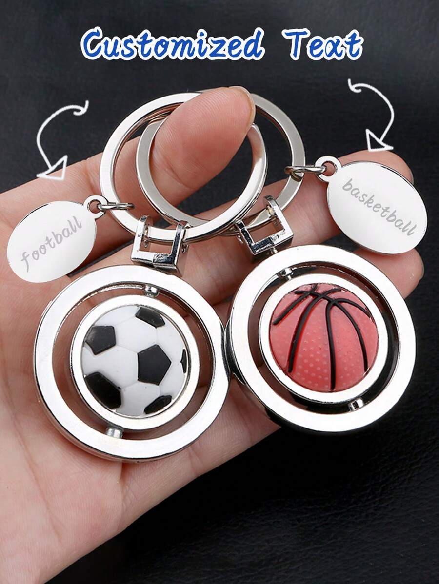 1 Customized Sports Style Keychain Basketball, Football Mini Metal Pendant Bag Accessory, Customized Text, Fun Gift