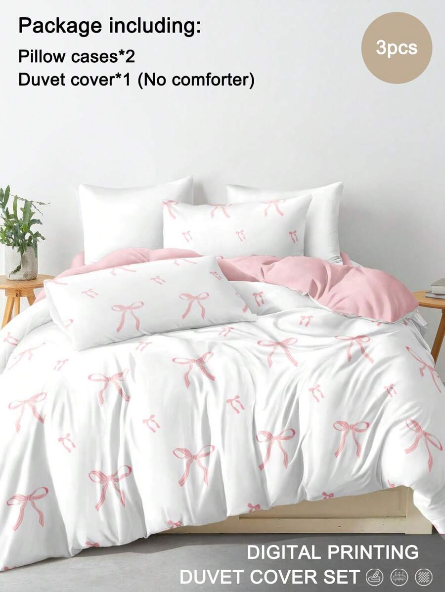 3pcs Pink Striped Bowknot Adorable Digital Print Duvet Cover Set (1 Duvet Cover + 2 Pillowcases, Without Inserts), Polyester Fiber Soft And Skin-Friendly For Daily Use, Suitable For Bedroom, Dormitory In All Seasons