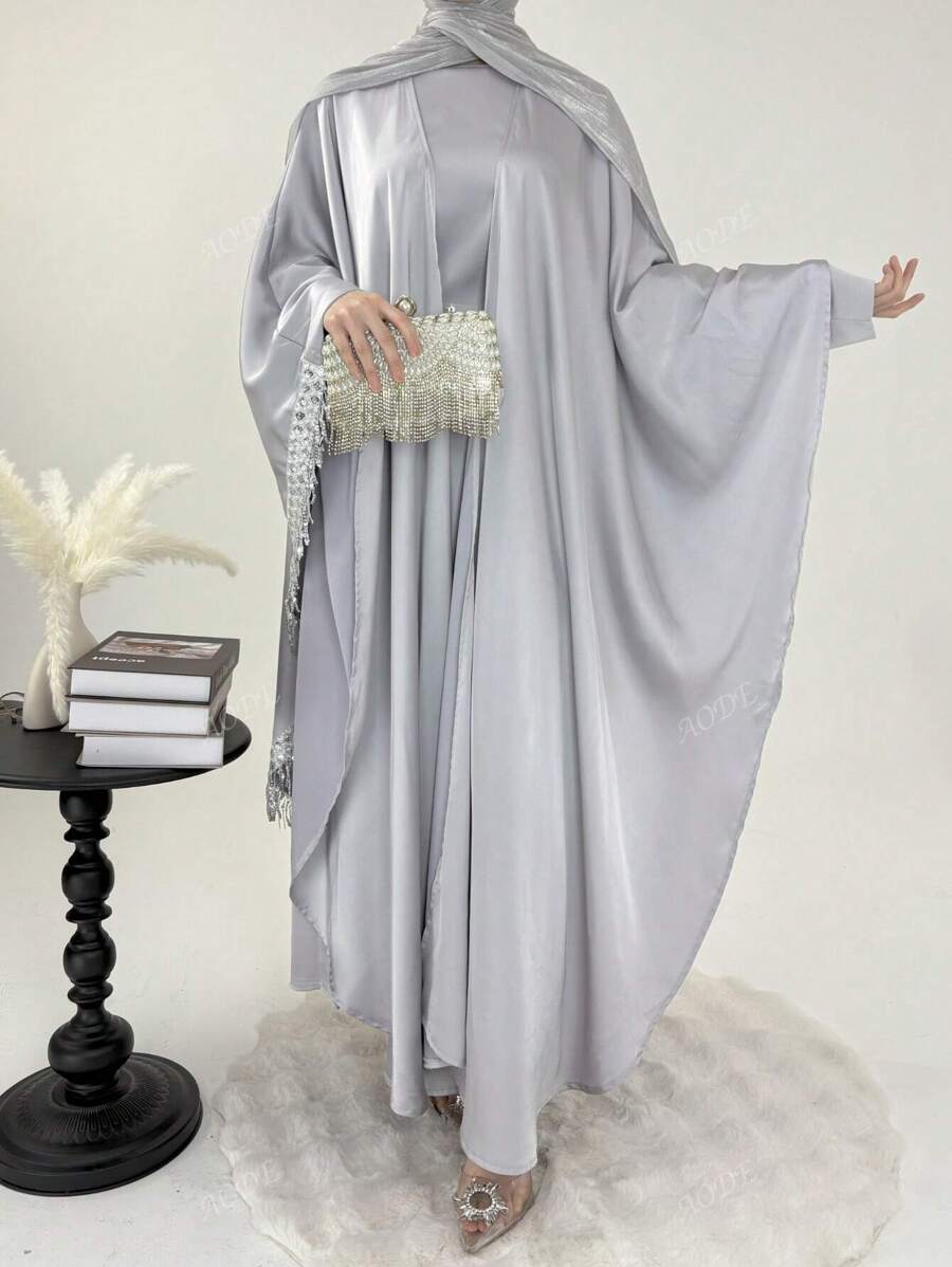 Set de 2 piezas Conjunto modesto y elegante con flecos con lentejuelas y bata, cuello redondo, conjunto de abaya elegante y grácil para fiesta, cita, ceremonia