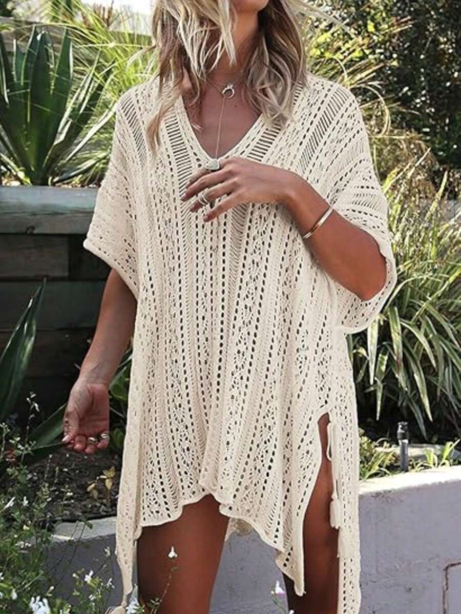 Bohemian Plus Size Thin, Sexy, Asymmetrical Hollow Out Knit Cover Up, Loose Long Cover Up, Crochet, Beach Vacation Wear