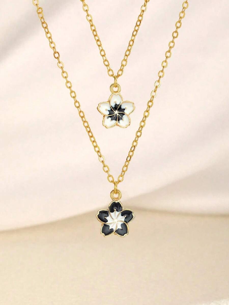 2pcs Elegant Stainless Steel 5 Petal Flower Charm Necklace, Delicate Summer Clavicle Necklace, Sweet Casual Streetwear Accessory Gift For Men & Women