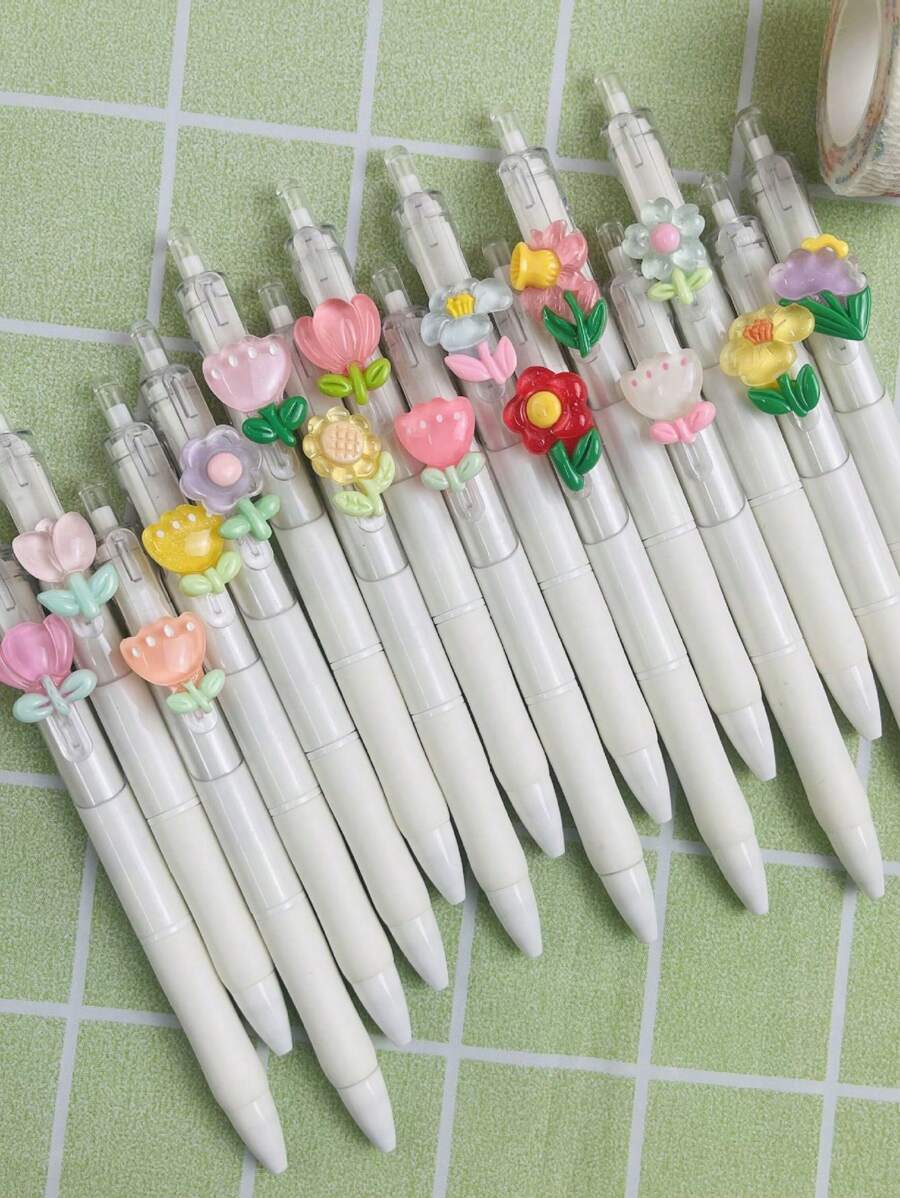 1/5pcs Cute Floral Press Type Ballpoint Pens, High Quality Translucent Girls Ballpoint Pens, Cartoon Press Pens, Stationery, School & Office Supplies, Student Gifts (Random Colors), Back To School