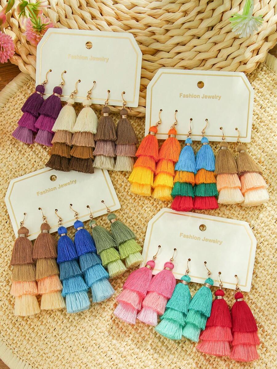 TopHanqi Set de 12 pendientes con flecos bohemios para mujer, pendientes colgantes de múltiples capas para playa, vacaciones, viajes, uso diario, fiestas, regalos, versátil