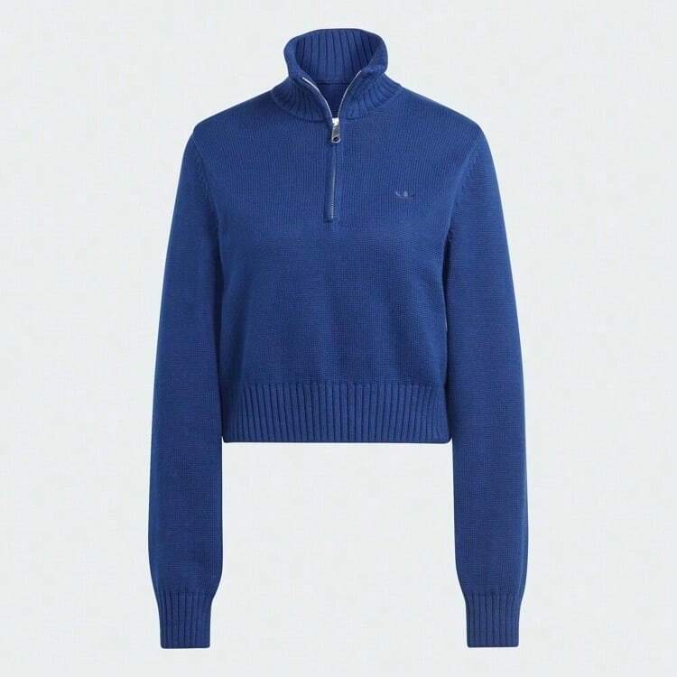 Adidas Clover Print Long Sleeve Half-Zip Knit Sweater Short Top For Women