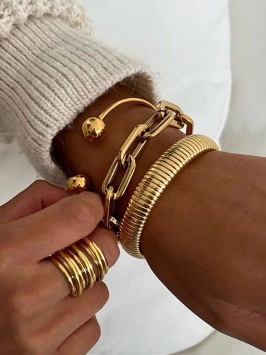3 pièces Bracelets dorés pour femmes, bracelets larges empilables en métal à plusieurs couches, bracelets bracelets souples et larges. Ensemble de 3 bijoux, cadeaux pour la famille et les amis, cadeaux de la fête des mères