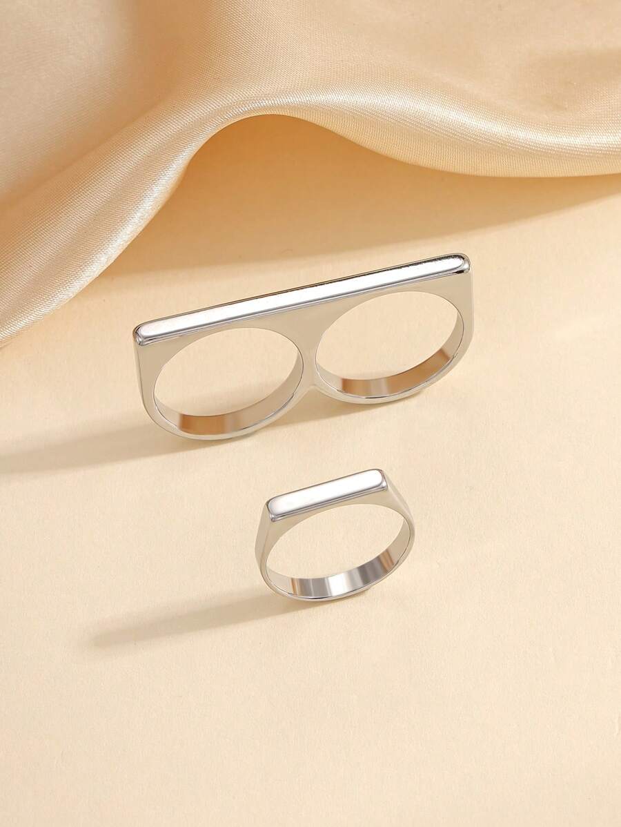 Conjunto de 2 anéis de dedo minimalistas e elegantes de aço inoxidável, dourados e prateados, adequados para uso diário feminino ou presente