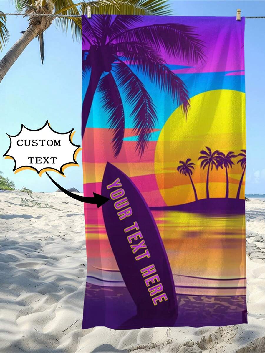 Dieses Strandtuch hat ein tropisches Thema mit hochauflösender digitaler Bedruckung, die wunderschöne Szenerien von Palmen, Sonnenuntergang, Surfbrettern und Inseln zeigt. Mit leuchtenden und langanhaltend Farben Muster. Hergestellt aus 240g/m² superweichem Microfaser-Gewebe, das hautfreundlich, saugfähig, schnelltrocknend und atmungsaktiv ist, geeignet für Sommerurlaube am Strand, Poolpartys oder Outdoor-Freizeitaktivitäten. Personalisierbar mit individuellem Text oder Logo unter Verwendung von Farbstoffen, nicht reizend.