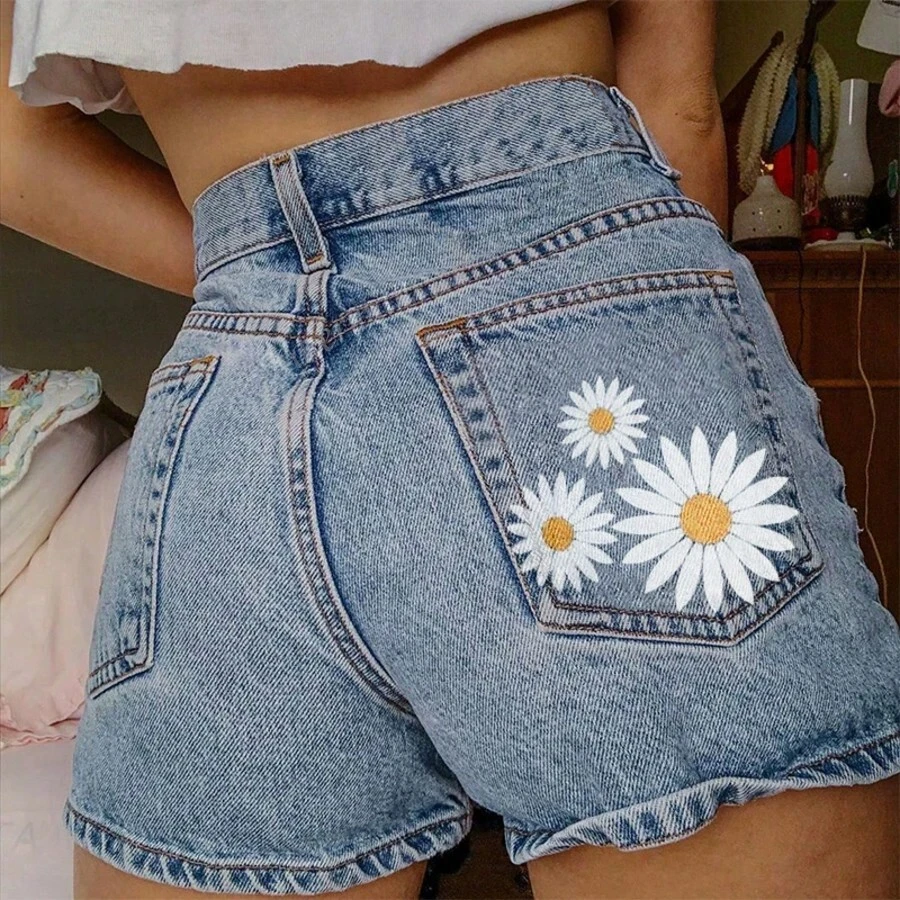 Women's Denim Print Casual Shorts, Minimalist & Fashionable, Suitable For Summer